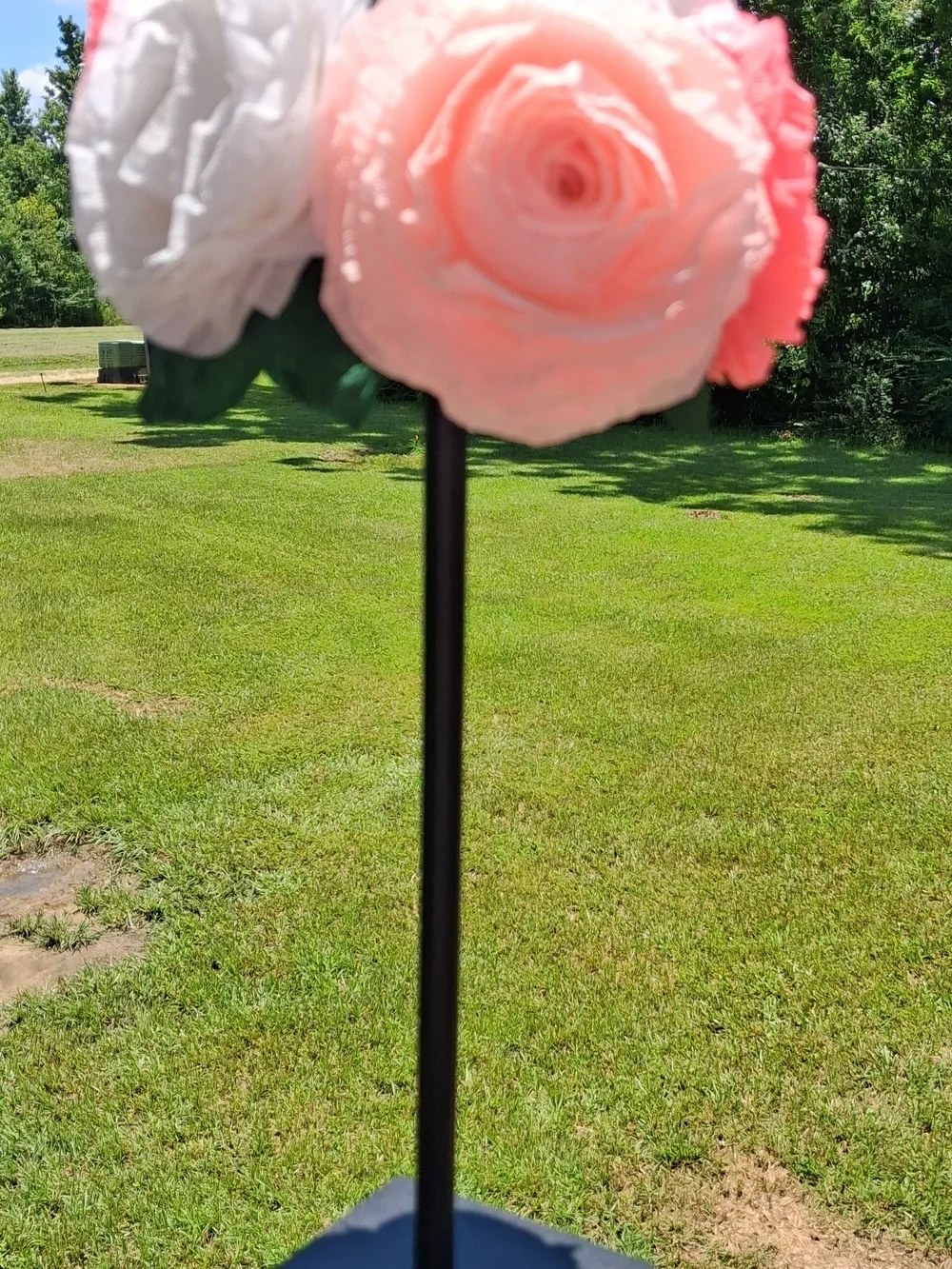 Italian Crepe Paper Roses On Rechargeable Lamp - Coral & White- Touch Lamp